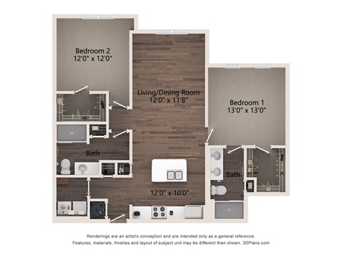 Floor plan for 2 beds, 2 baths, 1120 sqft